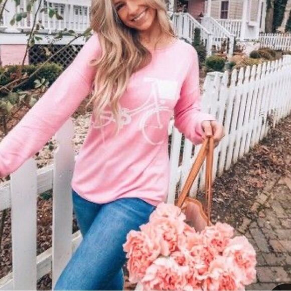 Dunffield Lane Pink Sweater Bicycle Print Silk Blend Barbie Pink Size Small - Picture 1 of 10